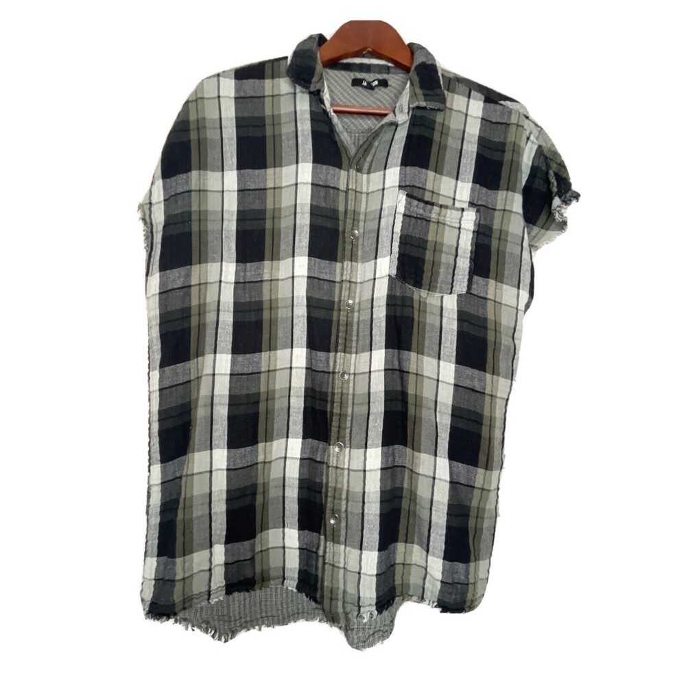 Jackson Mens’ Small Cutoff Button Down Shirt Gray Plaid Muscle Collard Raw Hem